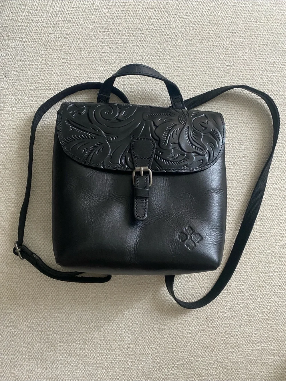 Patricia Nash Black Floral-Tooled Leather Mini Backpack